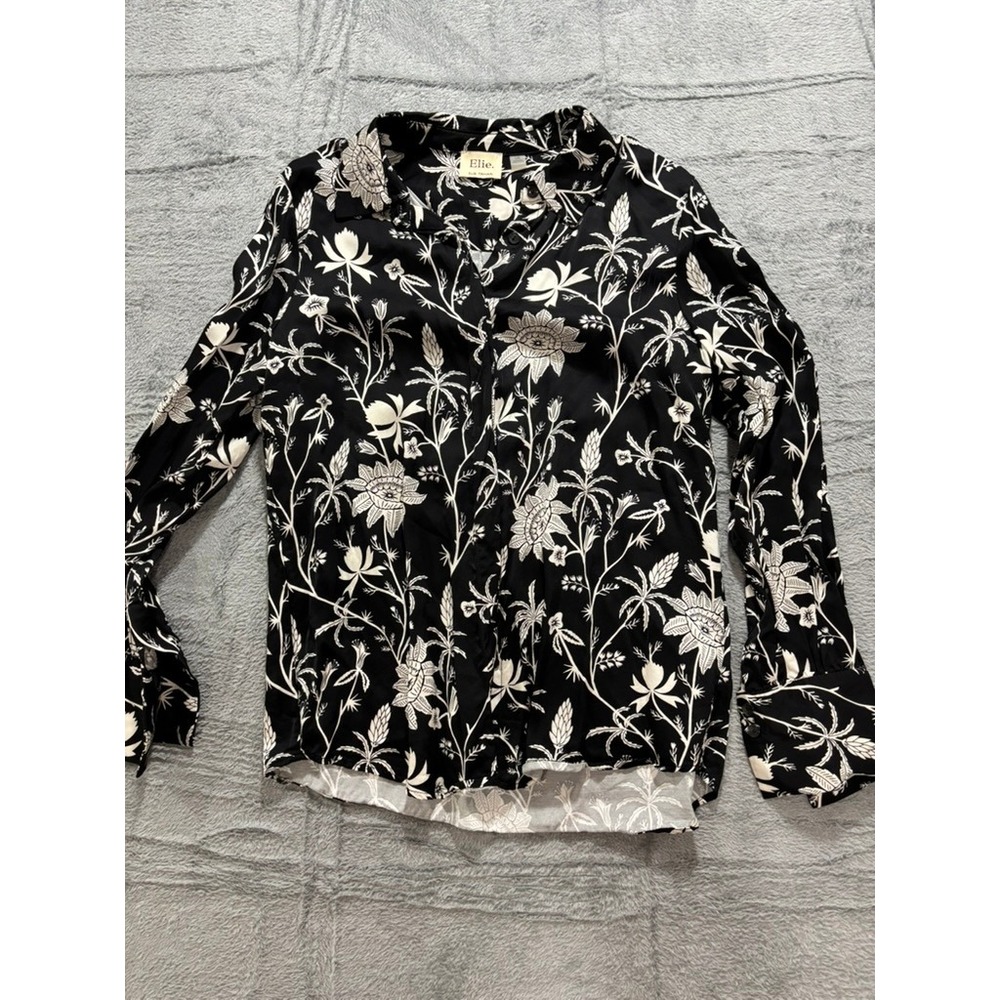 Elie Tahari Floral Button Front Blouse Womens Large Black White Coastal Vacation
